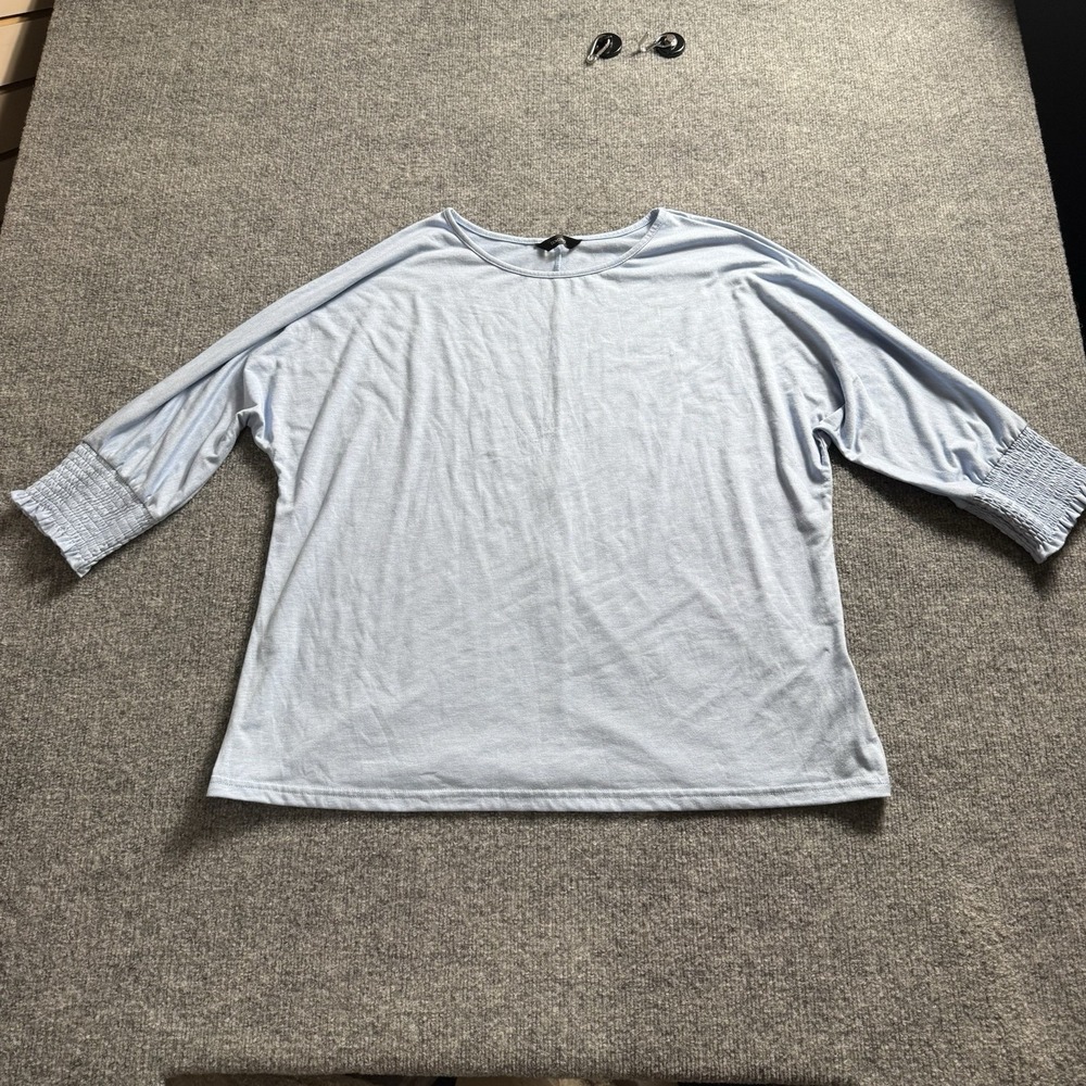 Womens Light Blue Crewneck Top 3/4 Length Smocked Cuffed Sleeve Casual Shirt 2X